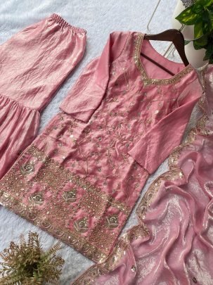 Baby Pink Sequence Embroidery Wok Sharara Suit