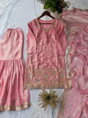Baby Pink Sequence Embroidery Wok Sharara Suit
