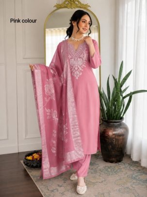 Baby Pink Slub Cotton simple Kurta Pant Dupatta Set 