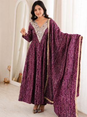 Bandhani Print  Wine Colour Anarkali Suit