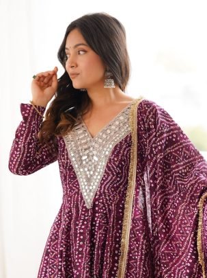 Bandhani Print  Wine Colour Anarkali Suit