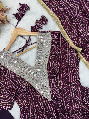 Bandhani Print  Wine Colour Anarkali Suit