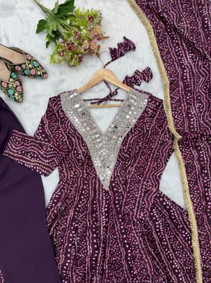 Bandhani Print  Wine Colour Anarkali Suit