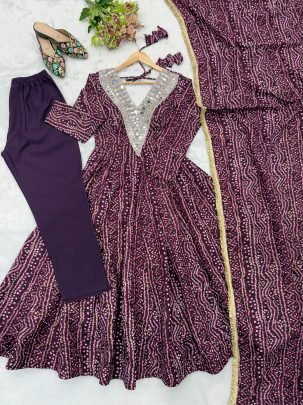 Bandhani Print  Wine Colour Anarkali Suit