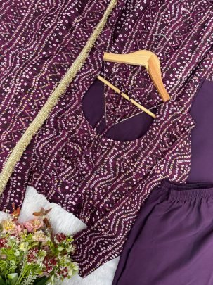 Bandhani Print  Wine Colour Anarkali Suit