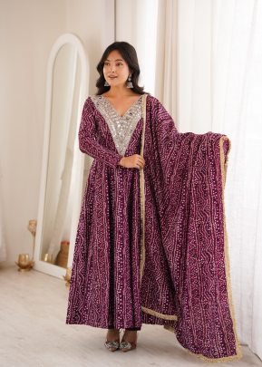 Bandhani Print  Wine Colour Anarkali Suit