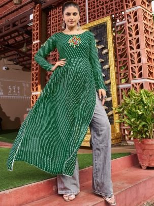 Bandhani Print Work Green Colour Navratri Kurti