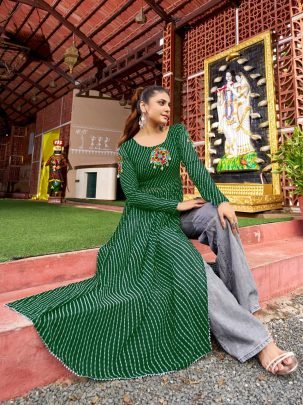 Bandhani Print Work Green Colour Navratri Kurti