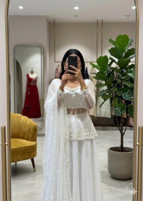Bead Work White Colour Lehenga