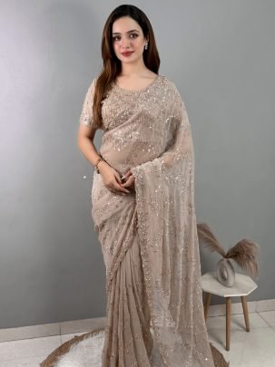 Beautiful Beige Colour Glass Simmer Fabric Sequnis Work Saree