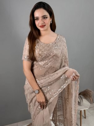 Beautiful Beige Colour Glass Simmer Fabric Sequnis Work Saree