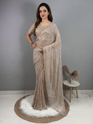 Beautiful Beige Colour Glass Simmer Fabric Sequnis Work Saree