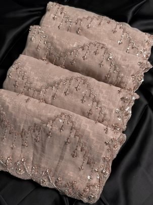 Beautiful Beige Colour Glass Simmer Fabric Sequnis Work Saree