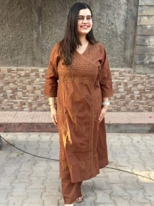 Beautiful Cotton Chikankari Angrakha Style Kurti Pant Set