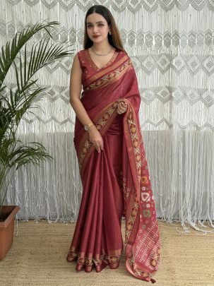 Beautiful Cotton Fabric Maroon Saree With Ajrakh Patola Print