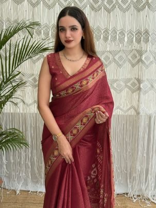 Beautiful Cotton Fabric Maroon Saree With Ajrakh Patola Print
