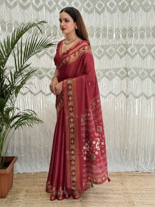 Beautiful Cotton Fabric Maroon Saree With Ajrakh Patola Print