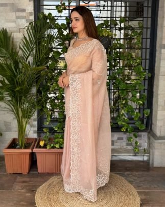 Beautiful Embroidery Work Saree With Sequins Work Blouse