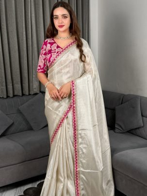 Off White Color Satin Saree With Sequins Embroidery Work 