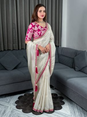 Off White Color Satin Saree With Sequins Embroidery Work