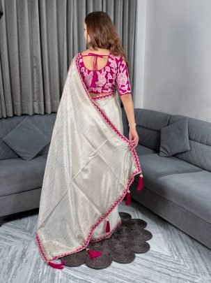 Off White Color Satin Saree With Sequins Embroidery Work