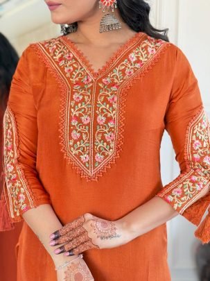 Beautiful Orange Crazy Women  S Embroidery Suit