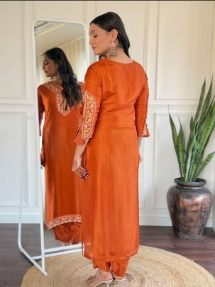 Beautiful Orange Crazy Women  S Embroidery Suit