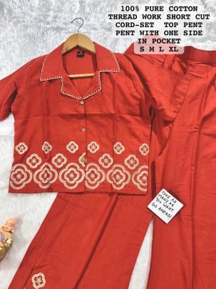 Beautiful Orange  Heavy Embroidery Cotton Cord Set For Women
