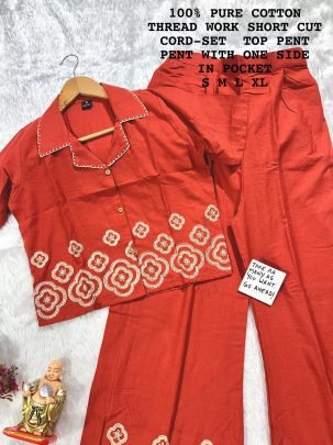 Beautiful Orange  Heavy Embroidery Cotton Cord Set For Women