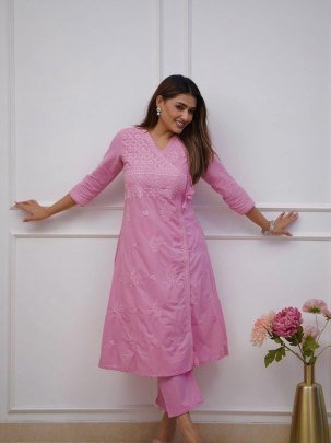 Beautiful Pink Cotton Chikankari Angrakha Style Kurti Pant Set