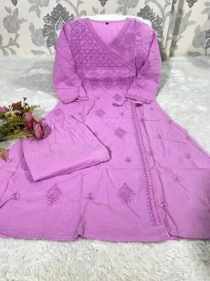 Beautiful Pink Cotton Chikankari Angrakha Style Kurti Pant Set