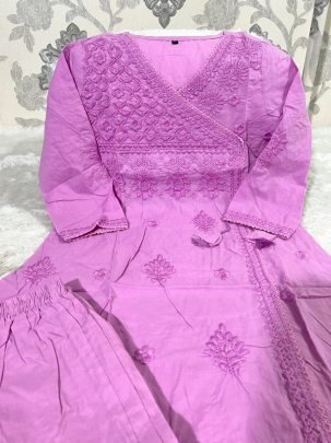 Beautiful Pink Cotton Chikankari Angrakha Style Kurti Pant Set