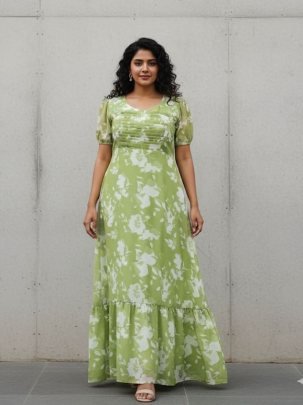 Beautiful Pista Flavor Printed Fox Georgette Short Sleeves Dress