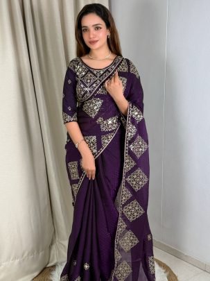 Beautiful Purple Embroidery Work Saree With Blouse 