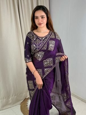 Beautiful Purple Embroidery Work Saree With Blouse