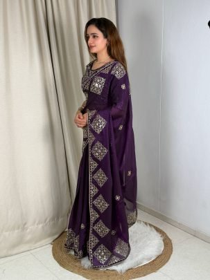 Beautiful Purple Embroidery Work Saree With Blouse