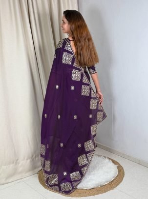 Beautiful Purple Embroidery Work Saree With Blouse