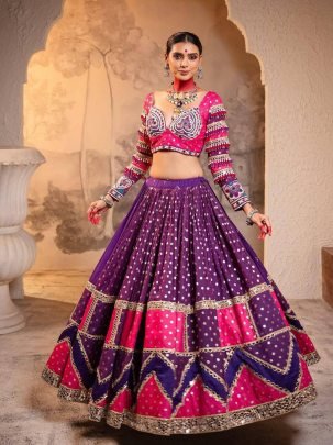 Beautiful Purple Muslin Cotton Lehenga With Real Mirror Work