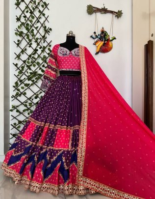 Beautiful Purple Muslin Cotton Lehenga With Real Mirror Work