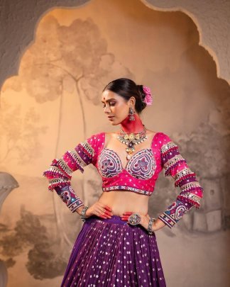 Beautiful Purple Muslin Cotton Lehenga With Real Mirror Work