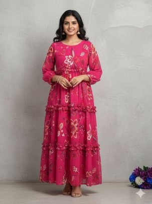 Beautiful Red 3 Meter Flare Flavor Printed Full Sleeve One Peace Dress