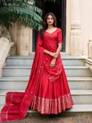 Beautiful Red Pure Chanderi Silk Lehenga Choli Set With Sequins Embroidered Dupatta