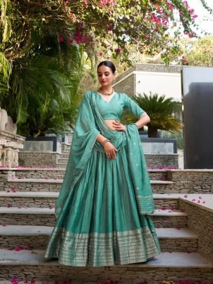 Beautiful Sea Green Pure Chanderi Silk Lehenga Choli Set With Sequins Embroidered Dupatta