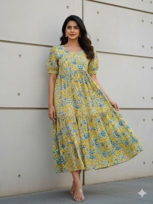 Beautiful Yellow Flavor Printed Fox Georgette Short Sleeves Dress