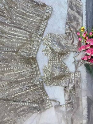 Beige Premium Butterfly Net Lehenga Choli With Heavy Embroidery