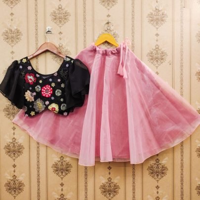 Black Blouse With Baby Pink  Colour Kids Lehenga