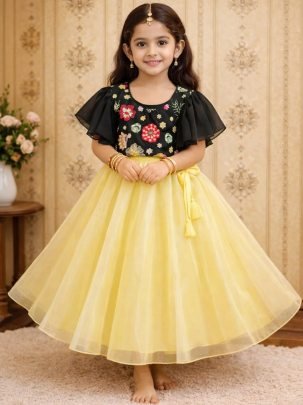 Black Blouse With Light Yellow  Colour Kids Lehenga