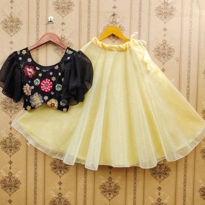 Black Blouse With Light Yellow  Colour Kids Lehenga