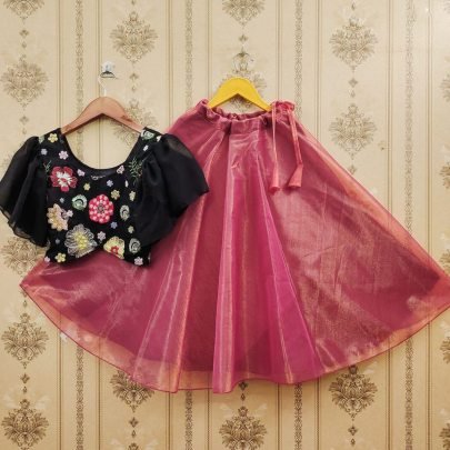 Black Blouse With Onine Pink  Colour Kids Lehenga