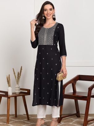 Stylish Single Embroidery Sequence Work Kurti | Elegant Ethnic Wear Online Black Color